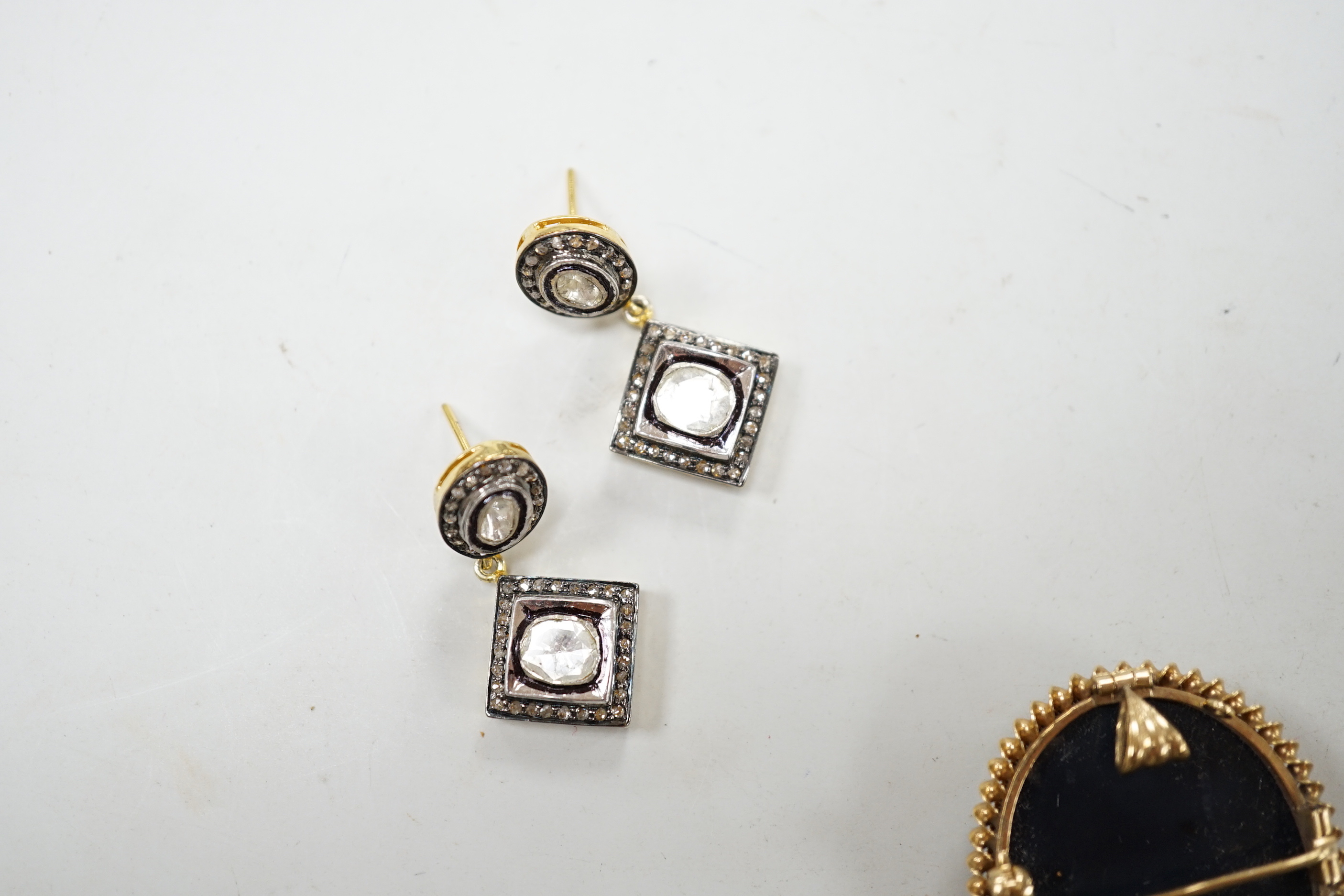 A modern 9ct gold mounted oval cameo hardstone brooch, 40mm and a pair of gilt 925 and diamond set drop earrings.